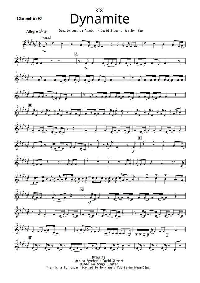 防弾少年団 Bts Dynamite クラリネット Inbb Ina メロディ 完コピ By Zoe楽譜