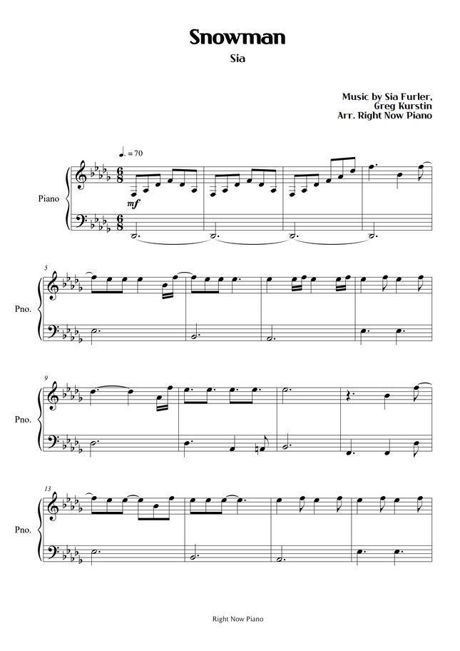 Sia Snowman (Easy Piano) by Right Now Piano Sheet Music