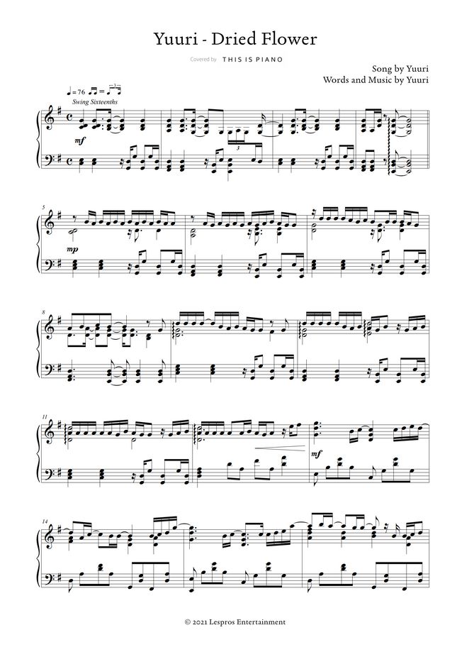 優里 (Yuuri) ドライフラワー (Dried Flower) by THIS IS PIANO Sheet Music