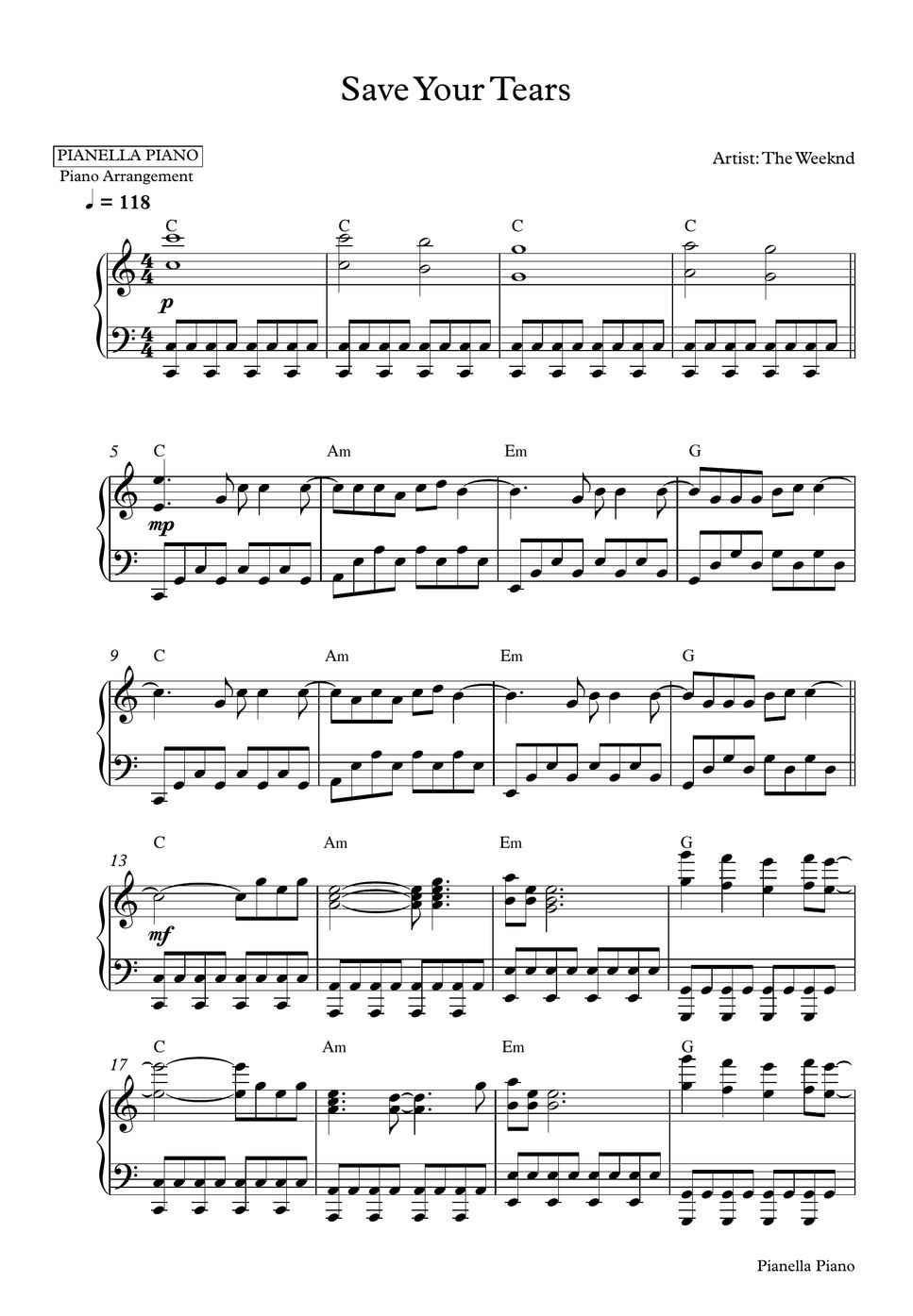 The Weeknd Save Your Tears (Piano Sheet) Spartito by Pianella Piano