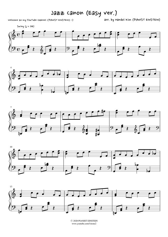 Pachelbel - Jazz Canon (Easy ver.) by PIANIST EINSTEIN Sheet Music