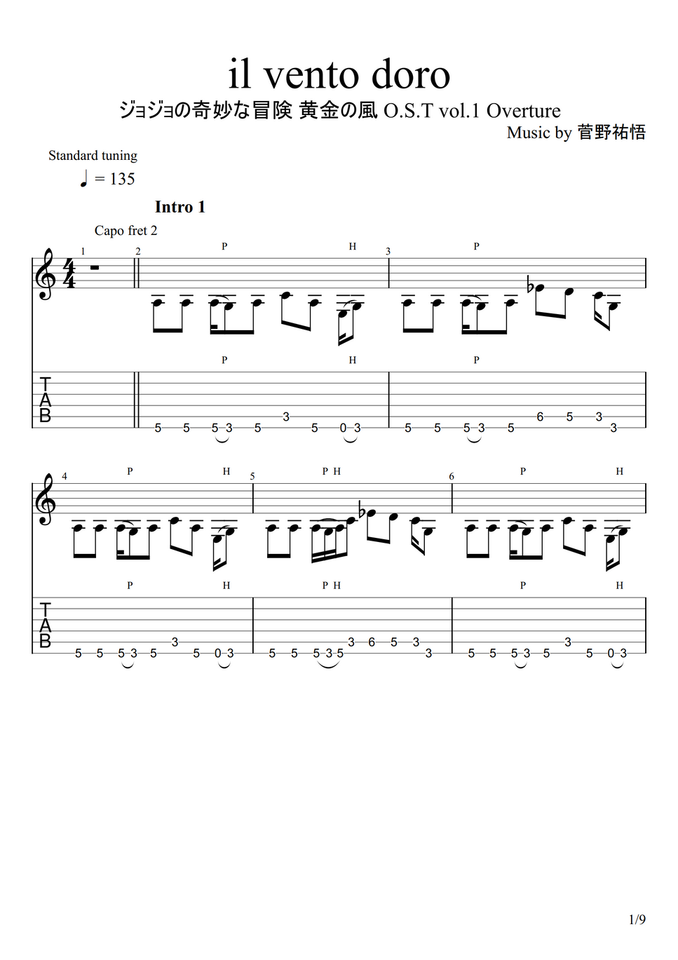 Yugo Kanno il vento doro (Fingerstyle) by u3danchou Spartito