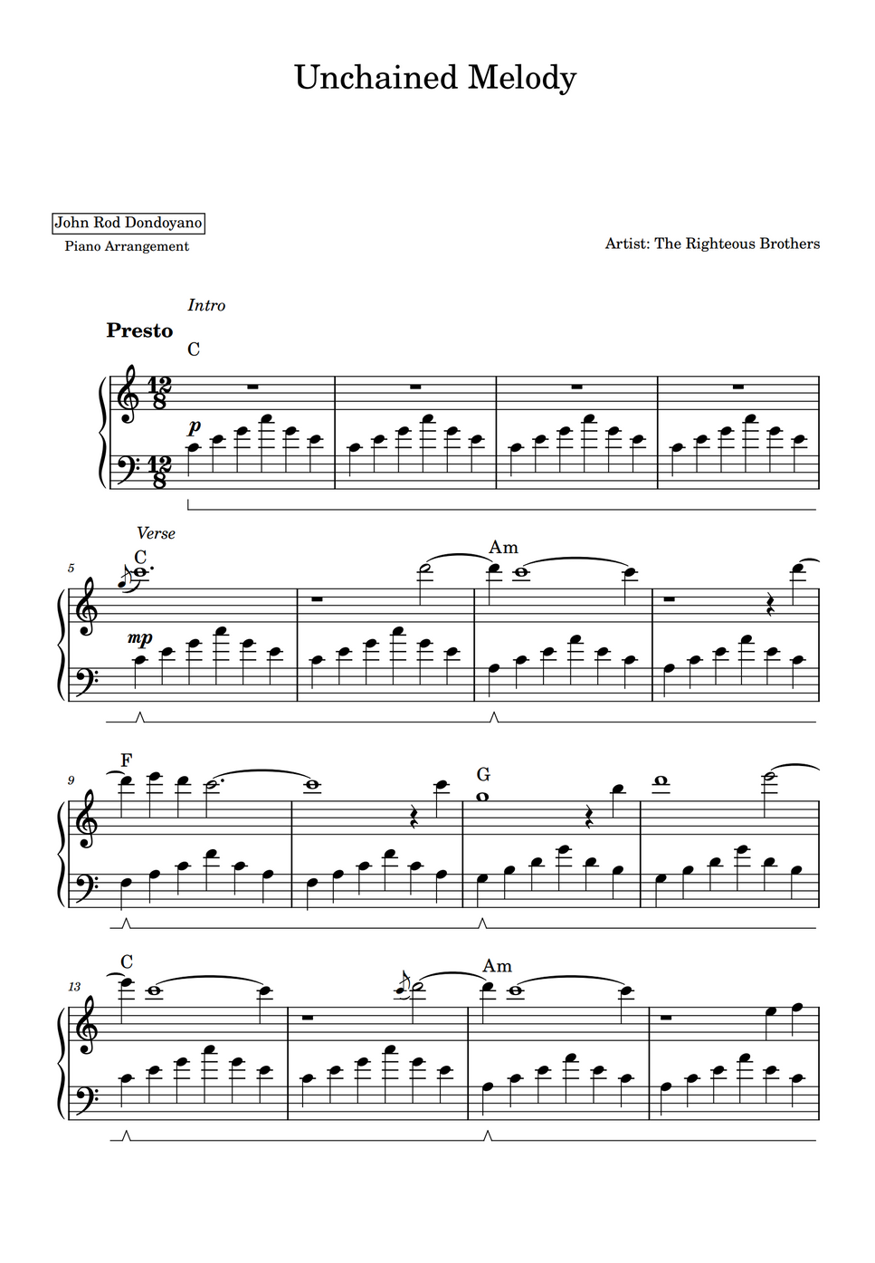 The Righteous Brothers Unchained Melody (PIANO SHEET) by John Rod