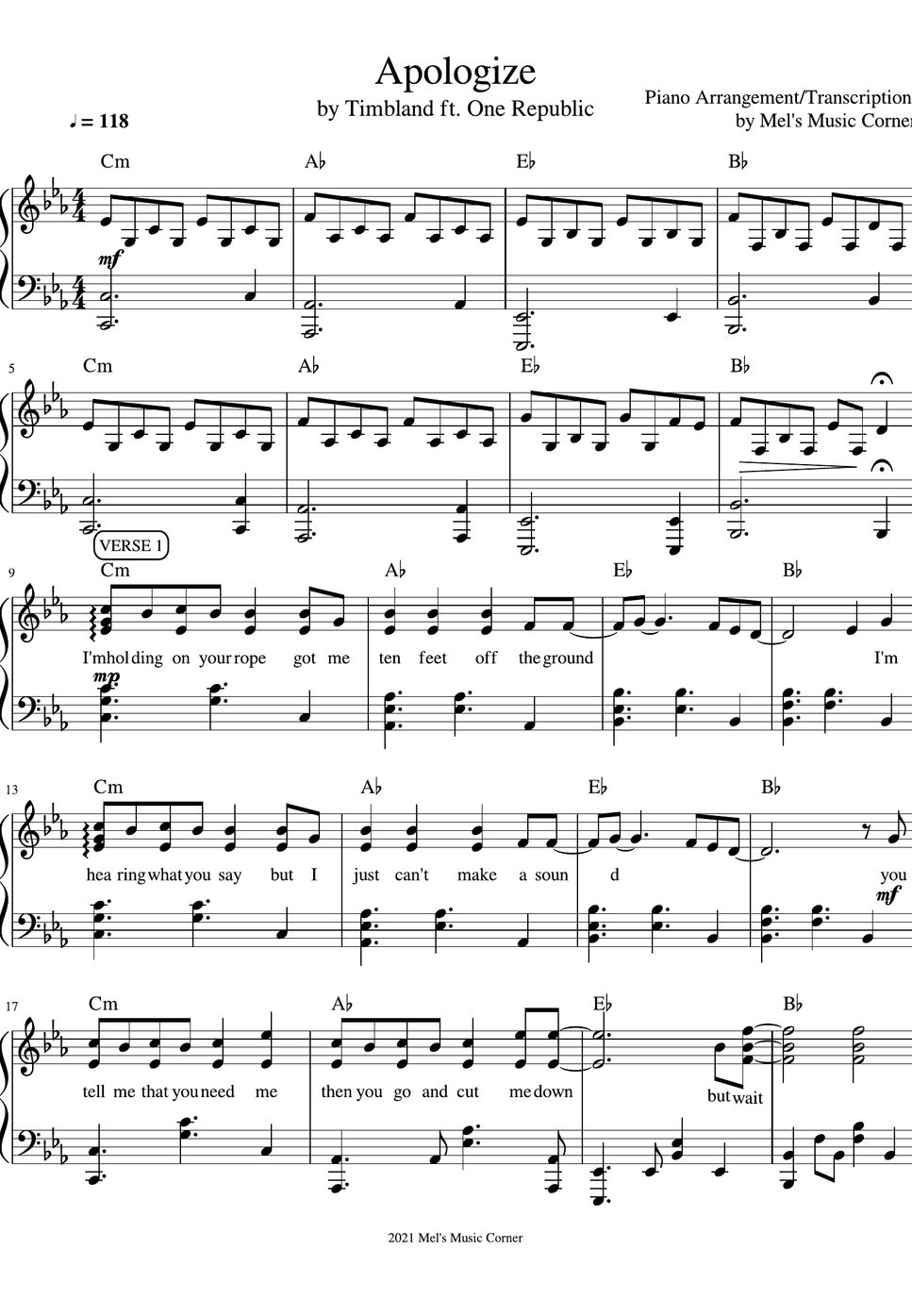Timabaland feat. One Republic Apologize (piano sheet music) Partitura