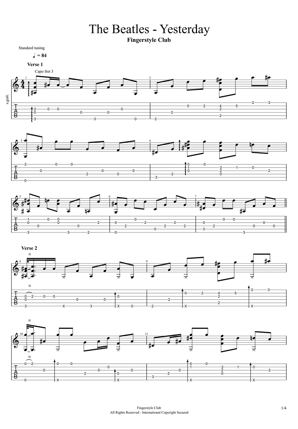 The Beatles Yesterday TAB by Fingerstyle Club