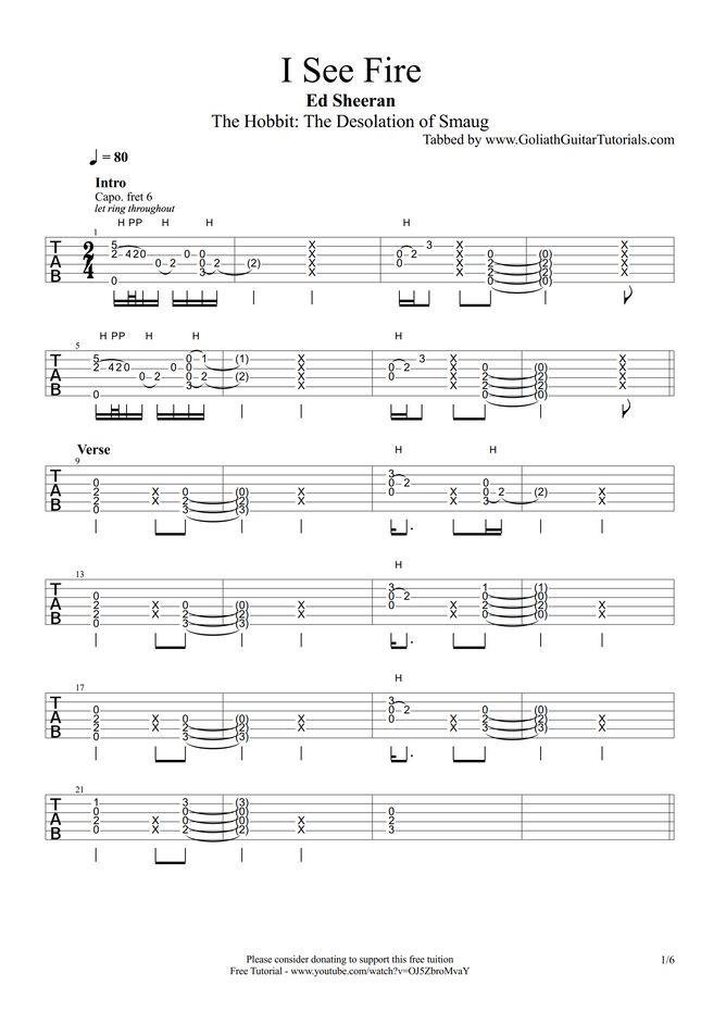 Ed Sheeran I See Fire By Goliath Guitar Tutorials Sheet