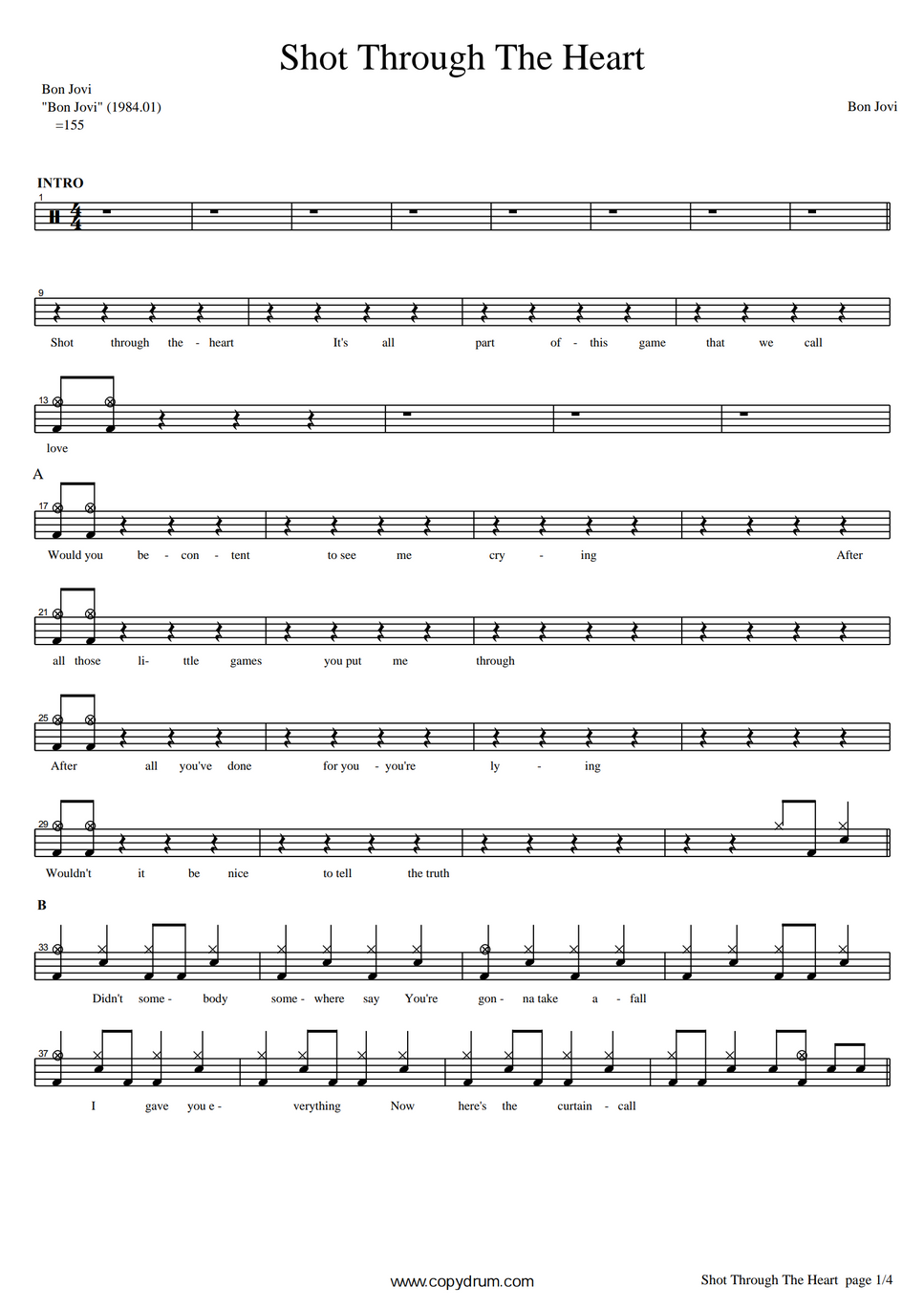 Bon Jovi Shot Through The Heart by COPYDRUM Sheet