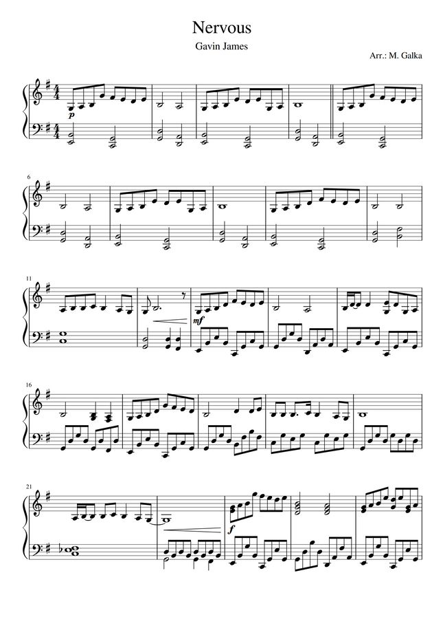 Gavin James Nervous Piano Cover by Magdalena Galka Sheet Music
