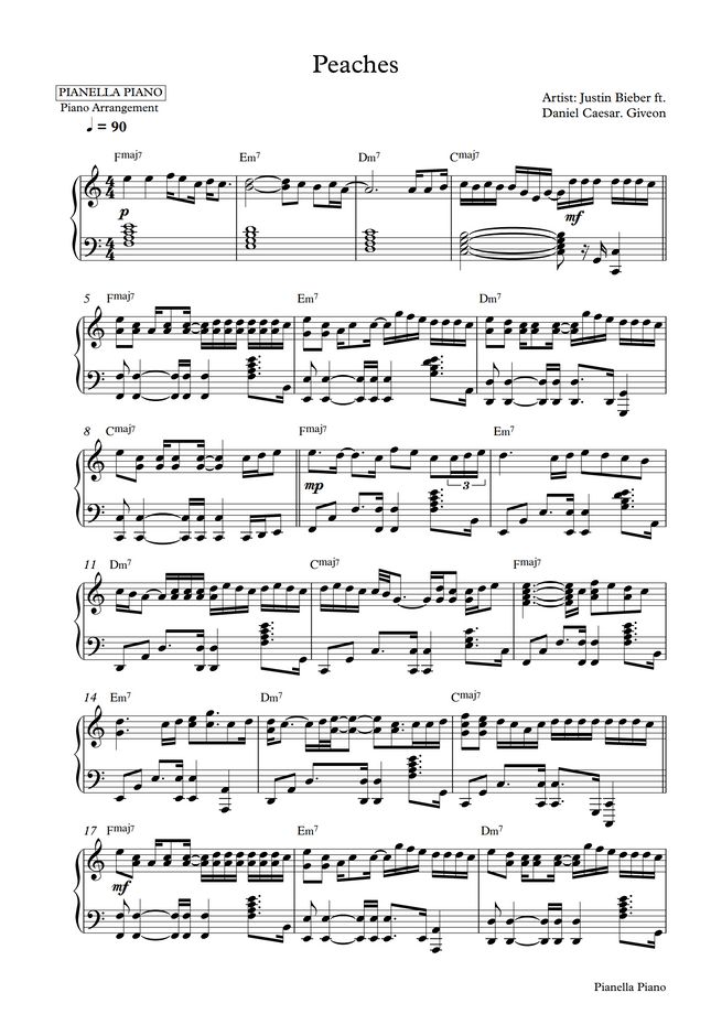Justin Bieber Peaches (ft. Daniel Caesar, Giveon) by Pianella Piano Sheet