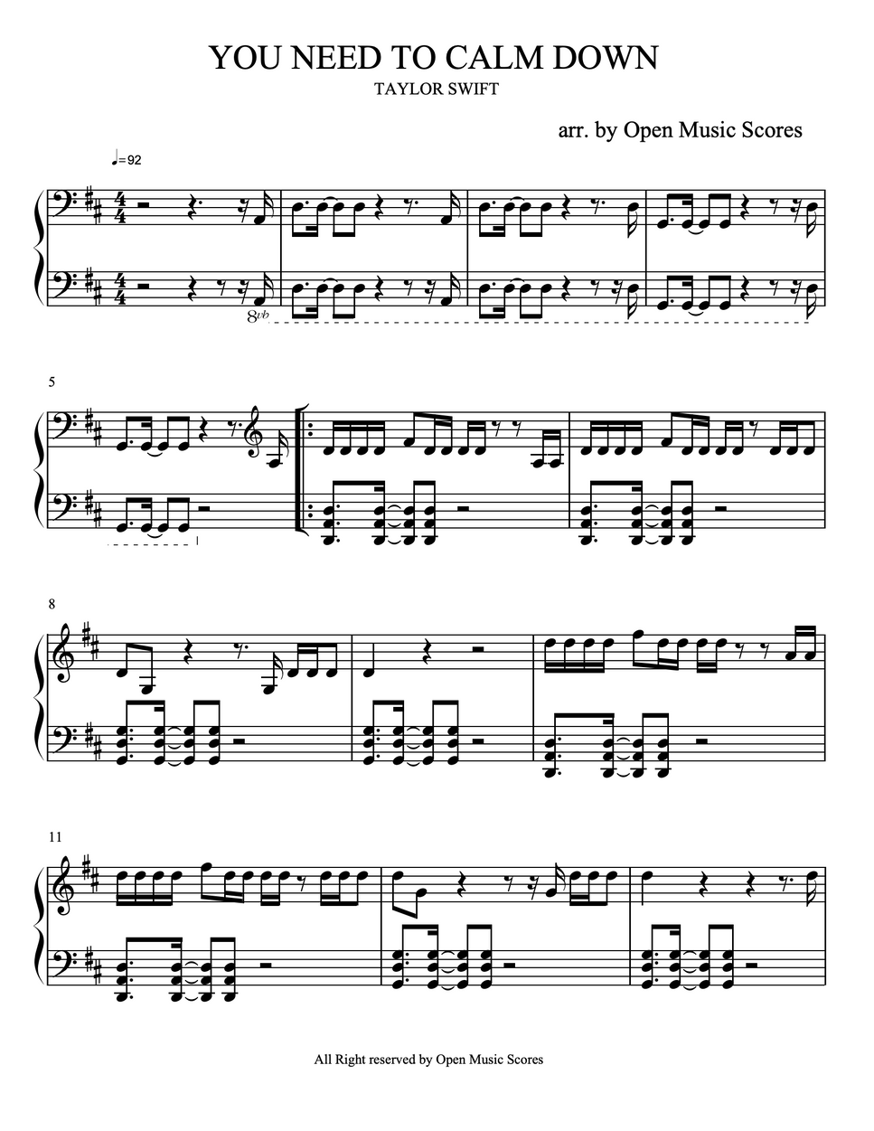 Taylor Swift You Need To Calm Down by Open Music Score Sheet