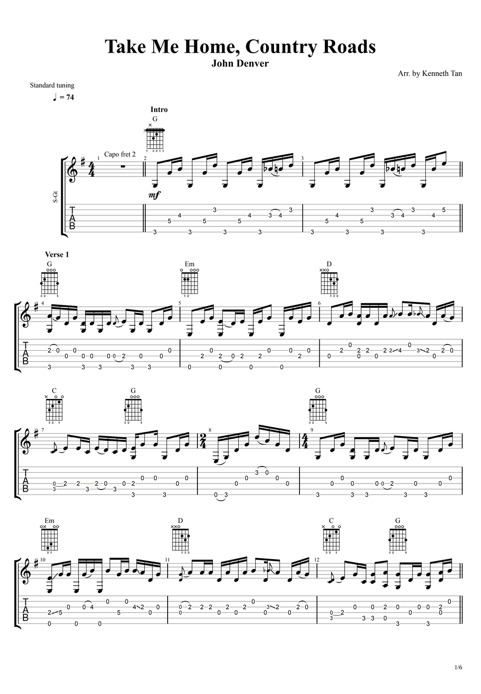 John Denver Fingerstyle Guitar Take Me Home, Country Roads by