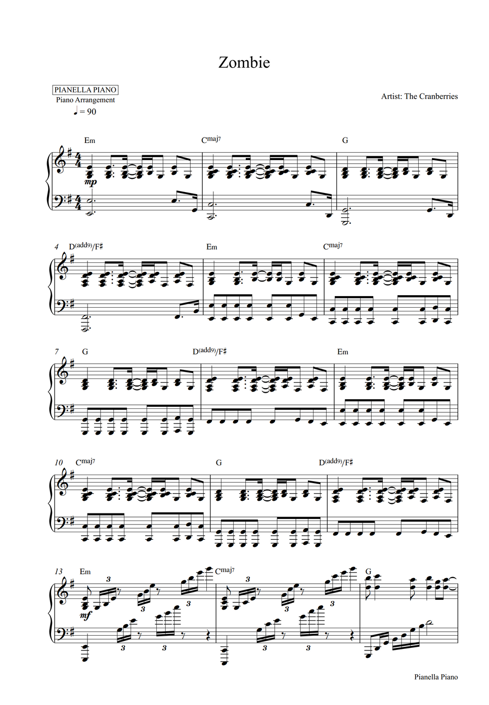 The Cranberries Zombie (Piano Sheet) Sheet by Pianella Piano