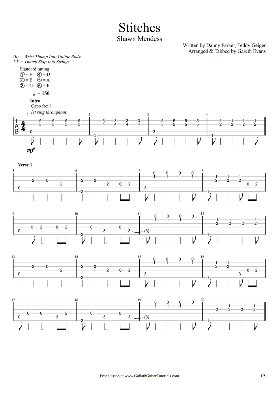 Shawn Mendes Stitches (Fingerstyle) by Gareth Evans Sheet