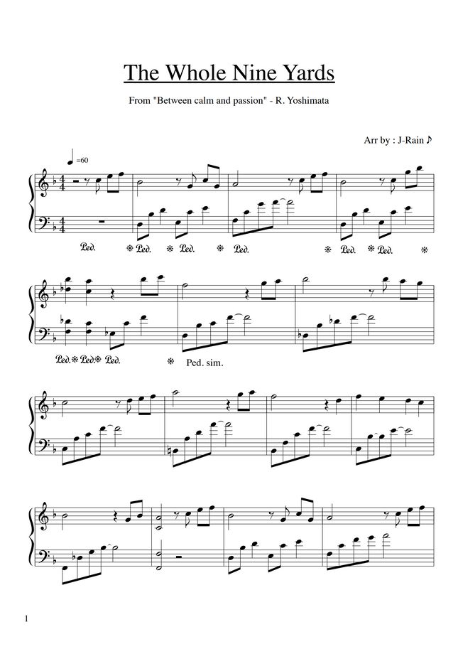 Ryo Yoshimata The Whole Nine Yards Between Calm And Passion By J Rain♪ Sheet Music