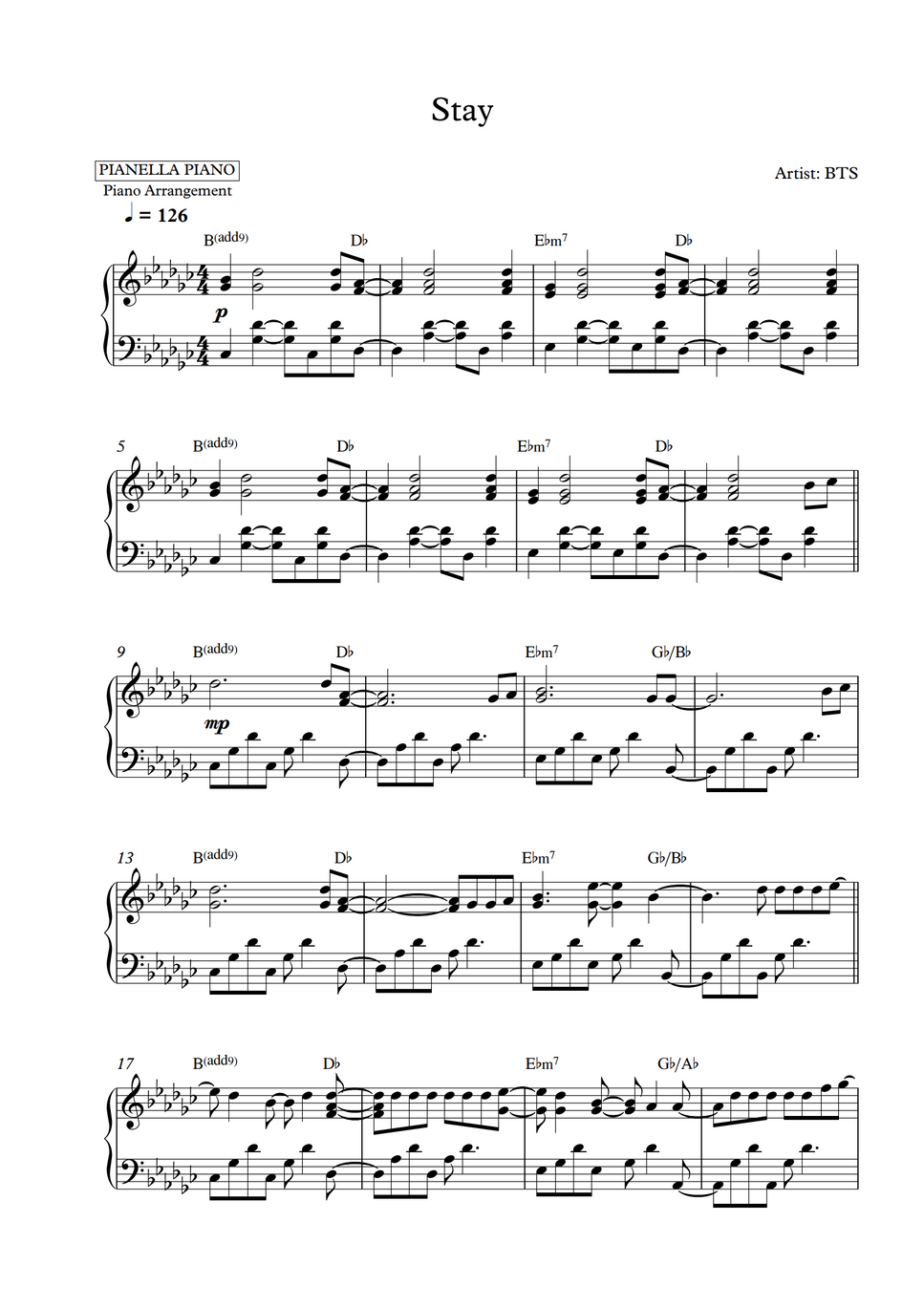 BTS Stay (Piano Sheet) by Pianella Piano楽譜