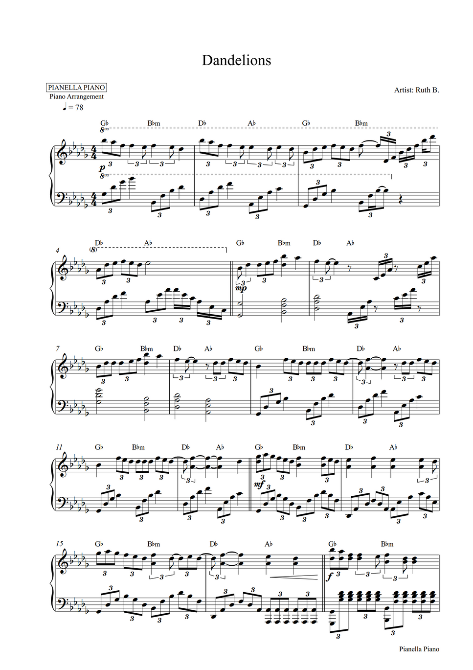 Ruth B Dandelions Piano Sheet Get 2 Pdf In Original Key Db Major And Easier Key C Major By 
