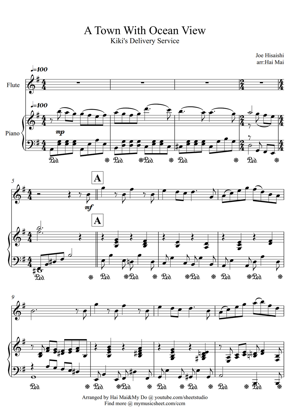 Joe Hisaishi A Town With An Ocean View for Flute solo and Piano