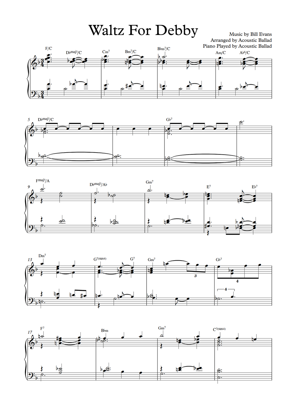 Bill Evans Waltz For Debby (Solo Piano Ver.) Notenblatt by Acoustic