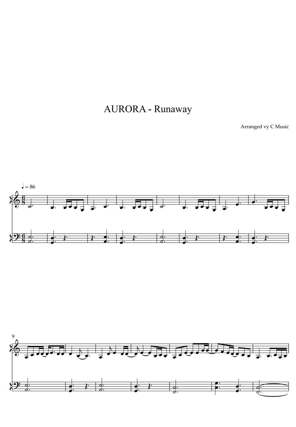 AURORA Runaway (Easy Version) by C Music Sheet