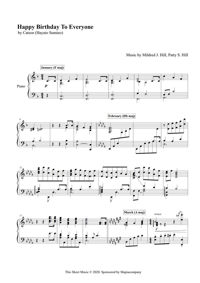 Patty Smith Hill Happy Birthday To Everyone In 12 Major Keys By Cateen Sheet Music
