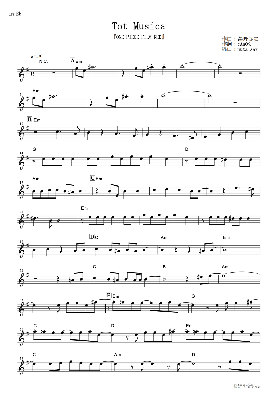 Ado Tot Musica (One Piece Film Red / in Eb) by mutasax Sheet