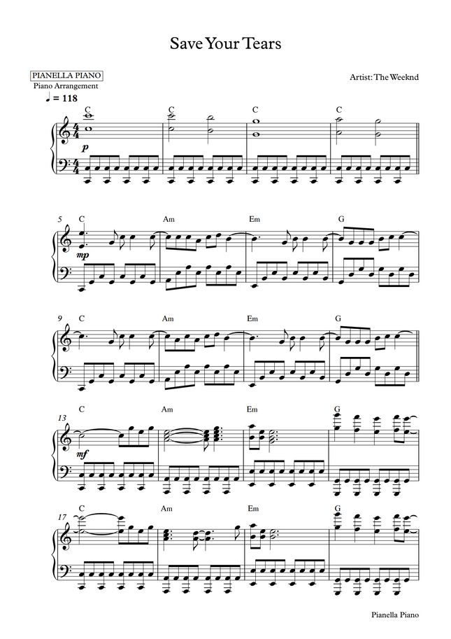 The Weeknd - Save Your Tears (Piano Sheet) by Pianella Piano