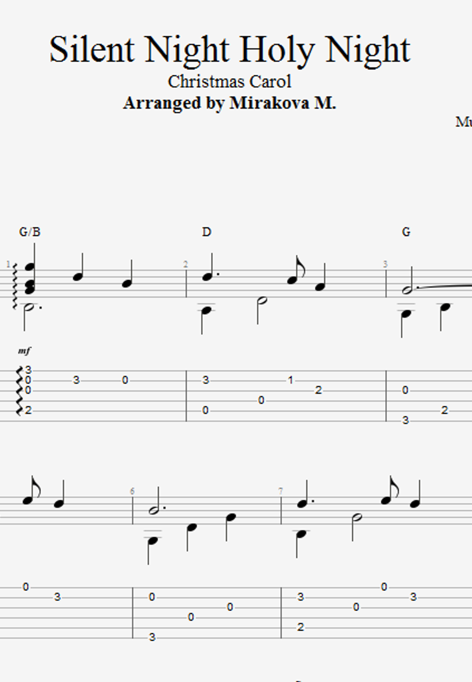 Franz Xaver Gruber Silent Night by Marina Mirakova Tab + 1staff Hoja