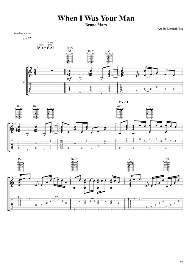 Bruno Mars When I Was Your Man Fingerstyle Guitar Sheet Music