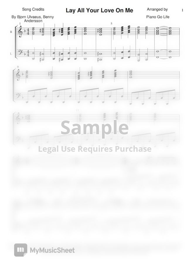 Abba lay all your love on me by piano go life sheet music