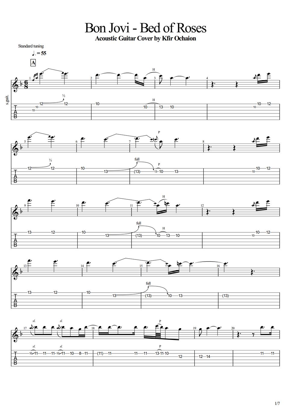 Bon Jovi Bed of Roses (Acoustic) 樂譜 + 單線譜 by Kfir Ochaion