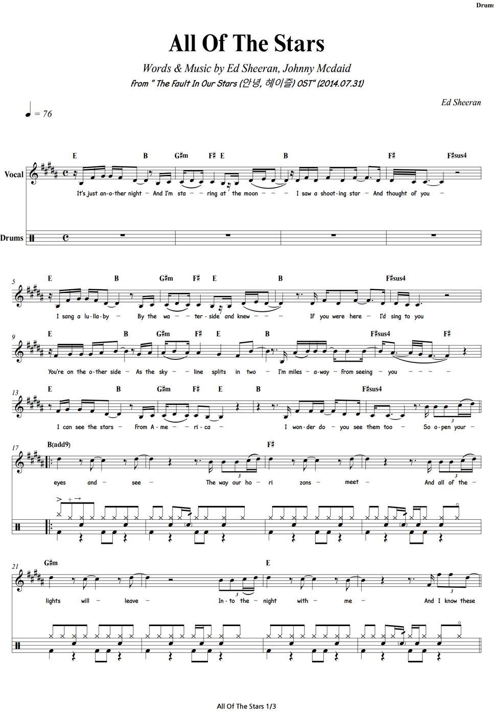 All Of The Stars Ed Sheeran Drums 드럼 Spartito All Of The Stars Ed Sheeran Drums 드럼 Spartito