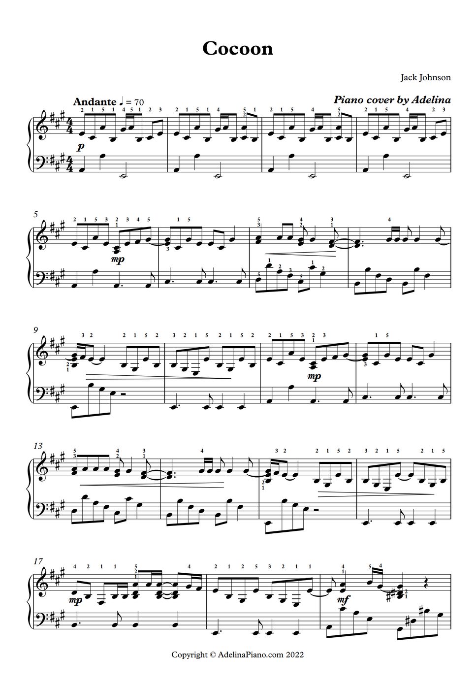 Jack Johnson Cocoon by Adelina Piano Sheet