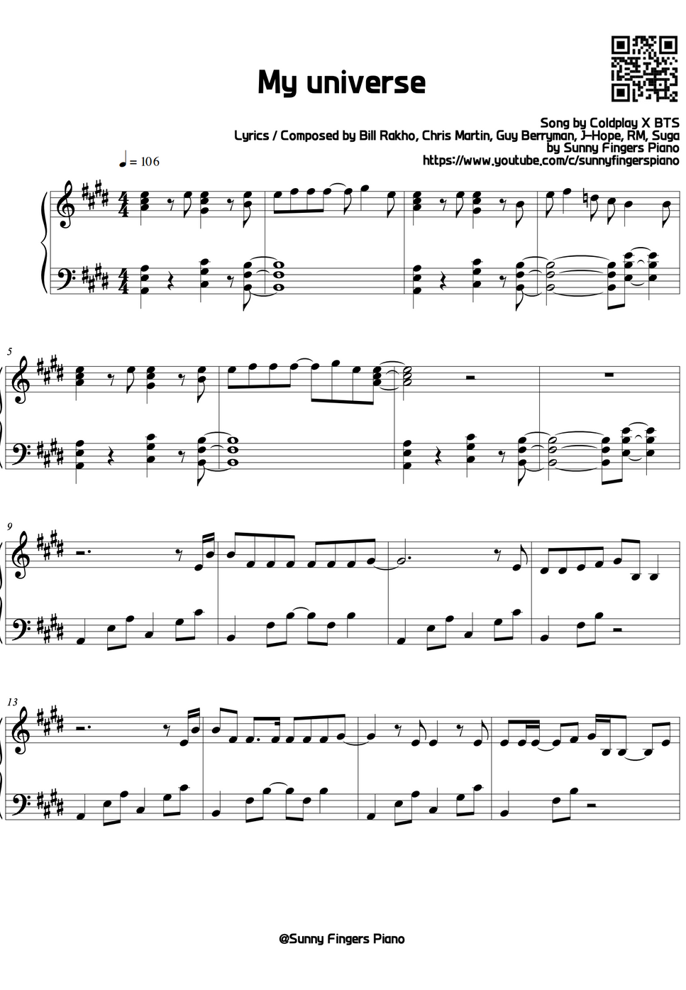 Coldplay X BTS My Universe (Original) by Sunny Fingers Piano楽譜
