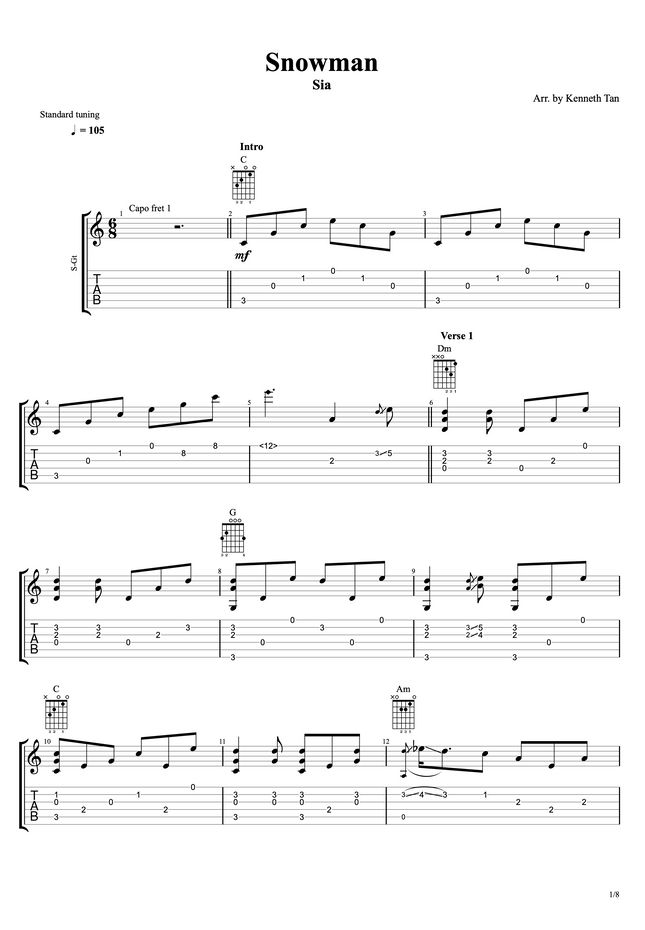 Sia Snowman Fingerstyle Guitar Sheet