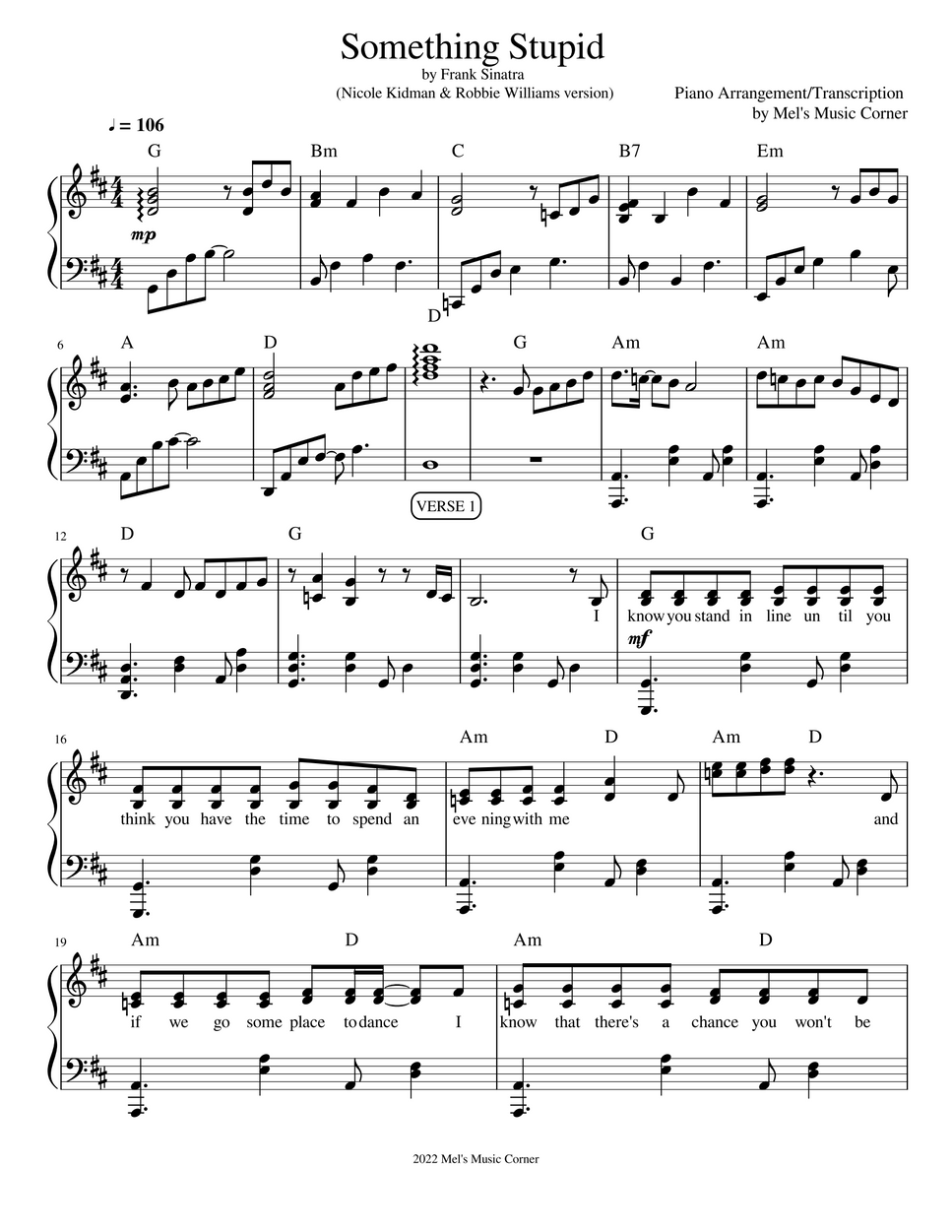 Frank Sinatra Something Stupid (piano sheet music by Mel's Music