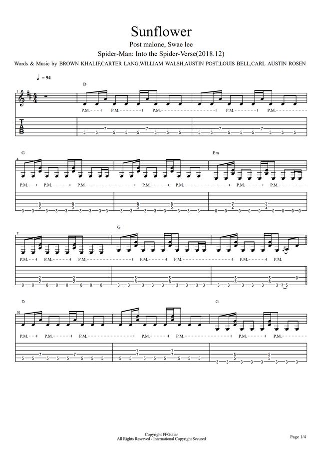 Post Malone Swae Lee Sunflower Guitar Cover By Ffguitar Sheet Music 