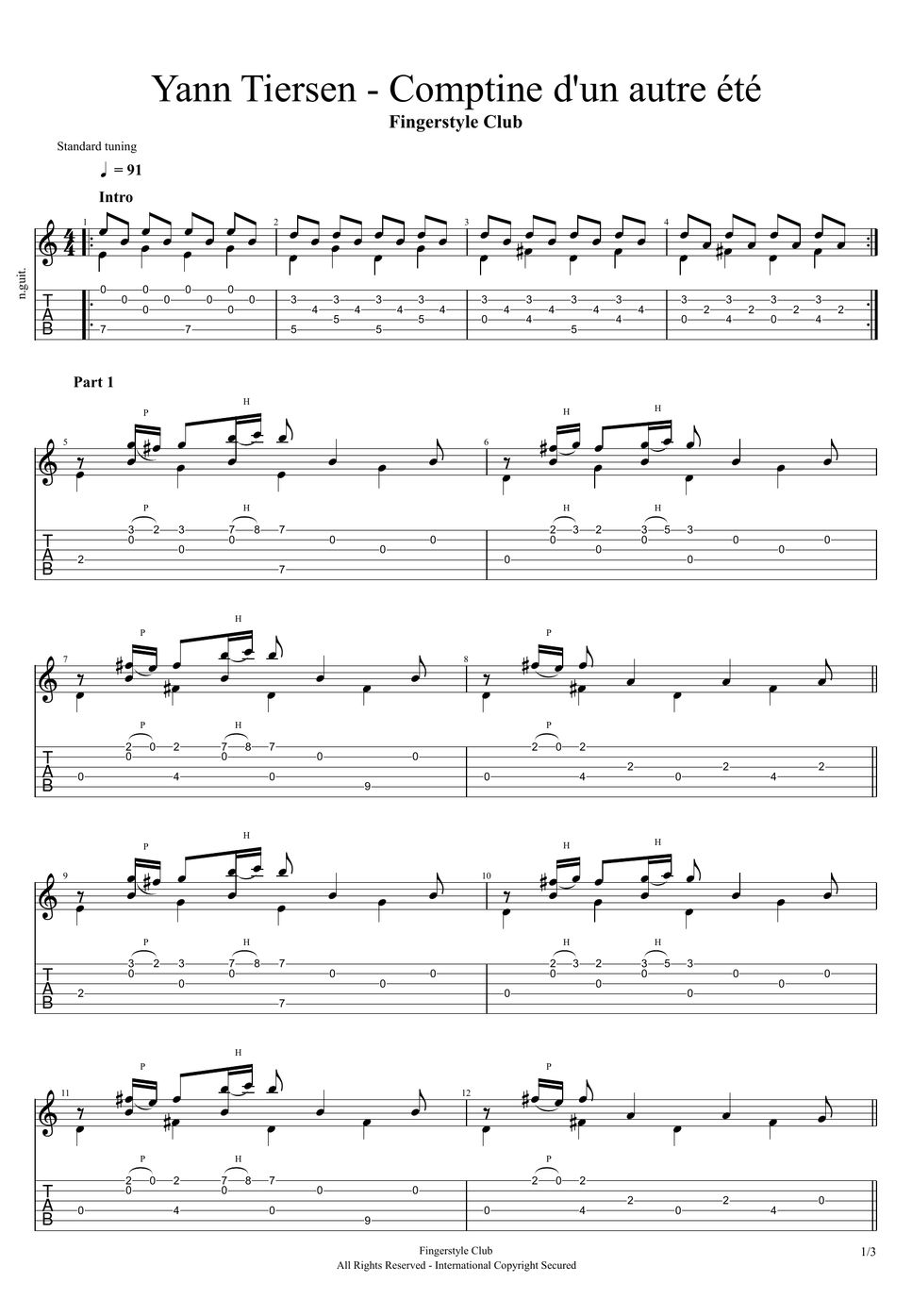 Comptine D Un Autre été Noten Large Version Pdf Yann Tiersen - Comptine d'un autre été TAB by Fingerstyle Club