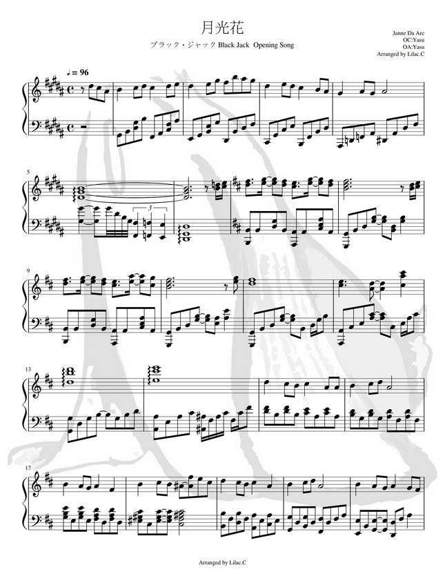Janne Da Arc 月光花 げっこうか ブラック ジャック Black Jack Op Anime Song Sheet Music Piano Ver By Lilac C Sheet Music