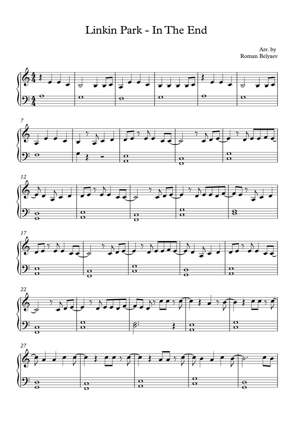 Linkin Park In The End Noten Klavier Roman Belyaev - Linkin Park - In The End full version Notenblatt