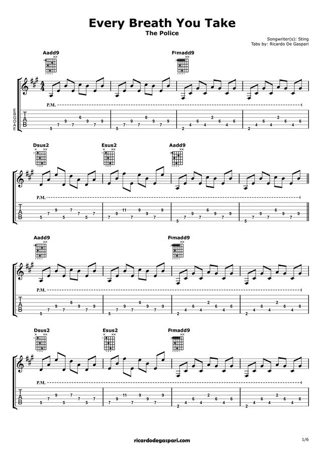 The Police Every Breath You Take for One Guitar By Ricardo De Gaspari Sheet Music