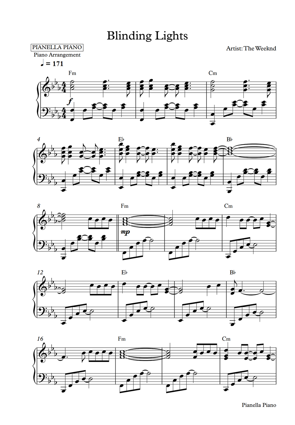 The Weeknd Blinding Lights (Piano Sheet) by Pianalla Piano Notenblatt
