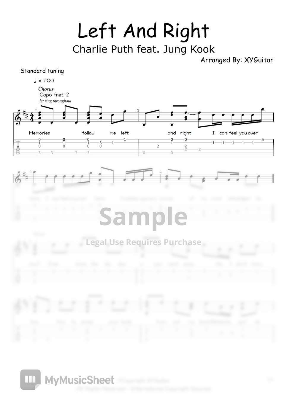 Charlie puth ft bts jung kook left and right by xyguitar tab