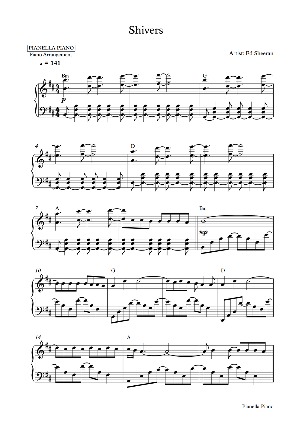 Ed Sheeran Shivers (Piano Sheet) by Pianella Piano Sheet