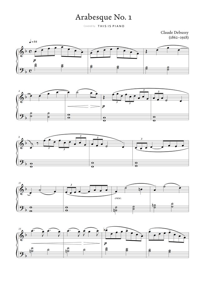 C. Debussy Arabesque (Easy Version) by THIS IS PIANO Sheet Music