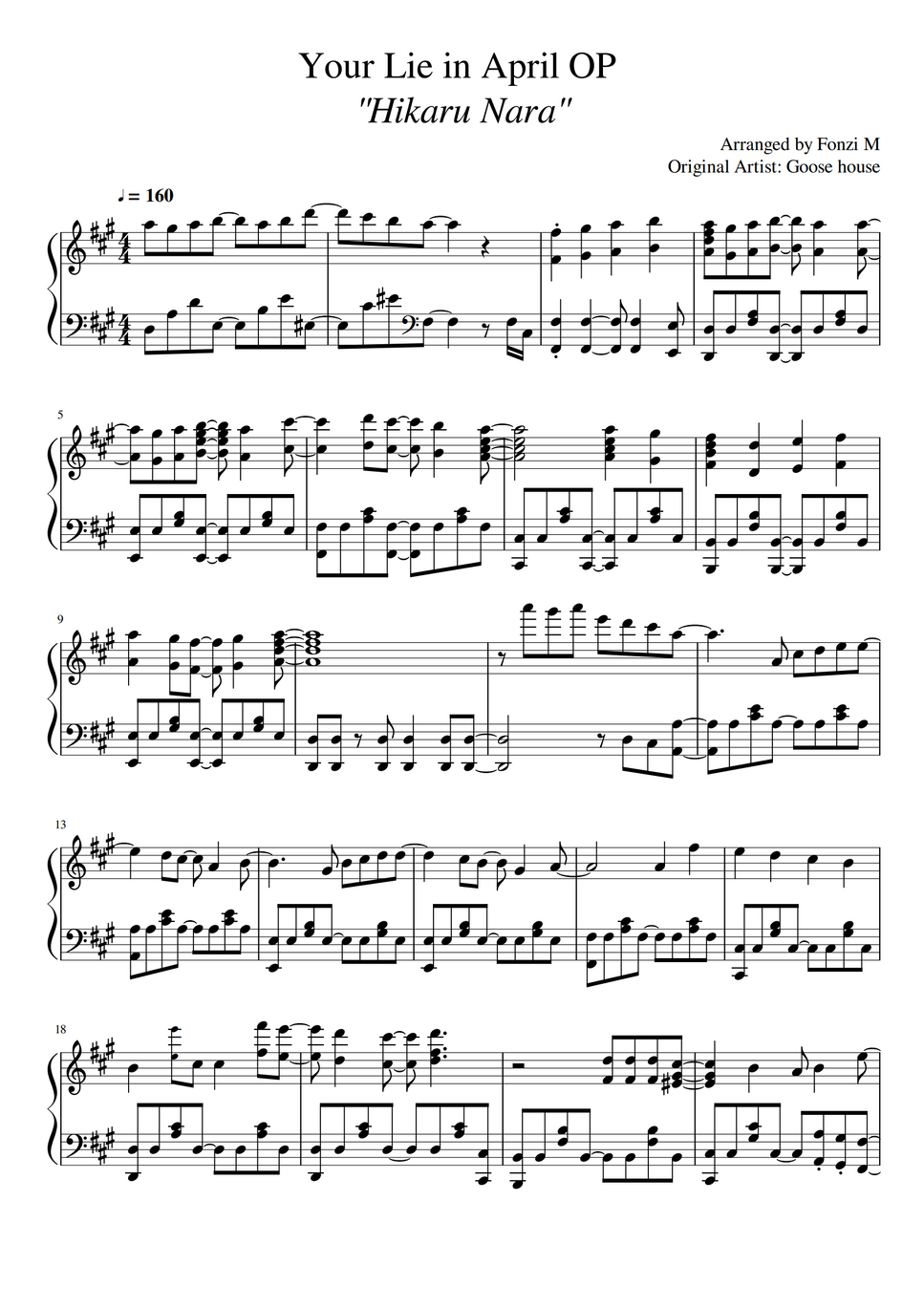 Goose house Your Lie in April OP "Hikaru Nara" by Fonzi M Partitura