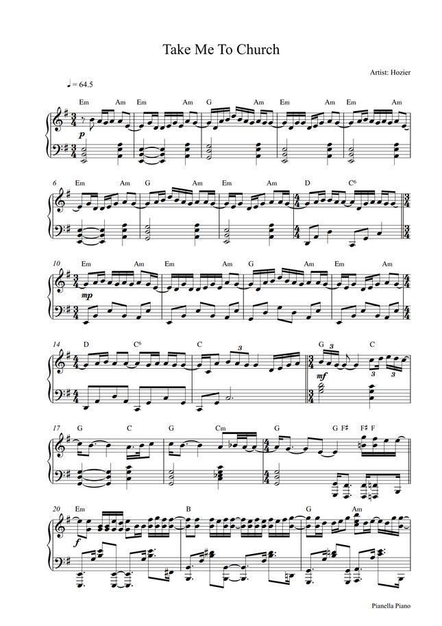Hozier - Take Me To Church (Piano Sheet) by Pianella Piano