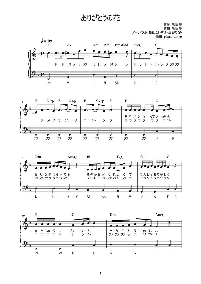 ありがとうの花 かんたん 歌詞付き ドレミ付き 初心者 By Piano Tokyo楽譜