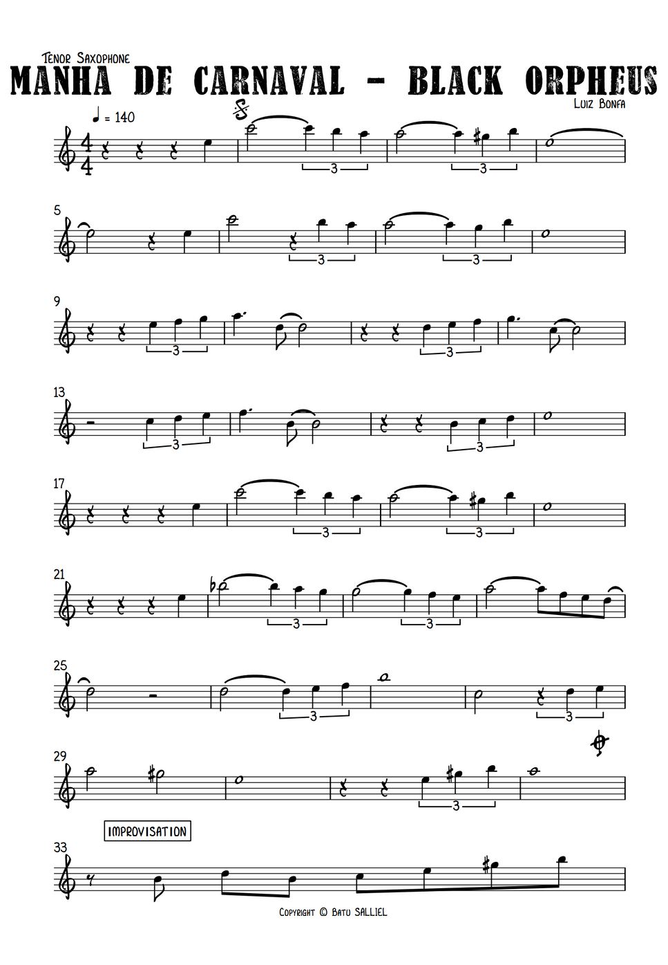 Luiz Bonfa Black Orpheus Bb Tenor Saxophone Sheet