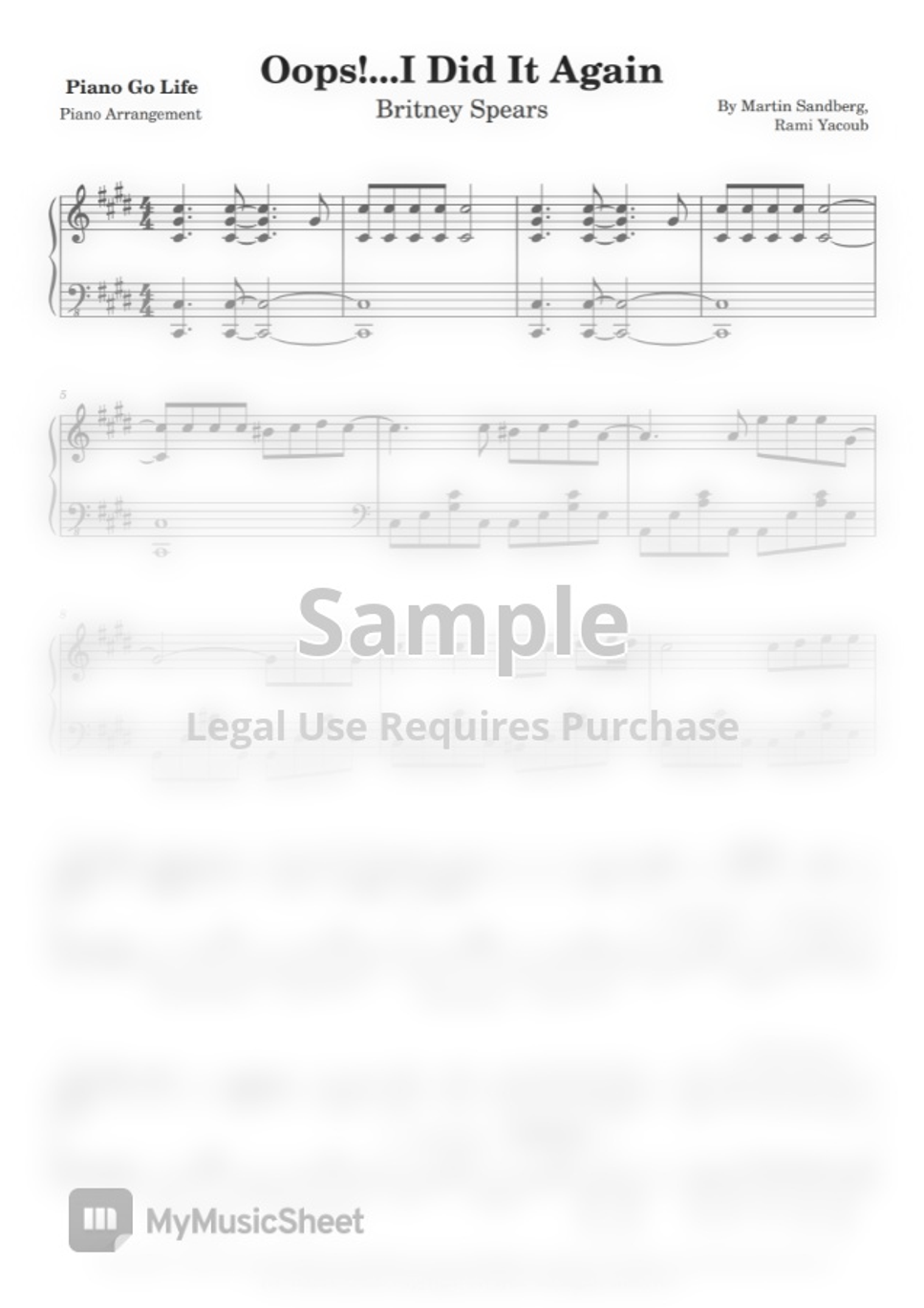 Britney Spears Oops!...I Did It Again by Piano Go Life Sheet Music
