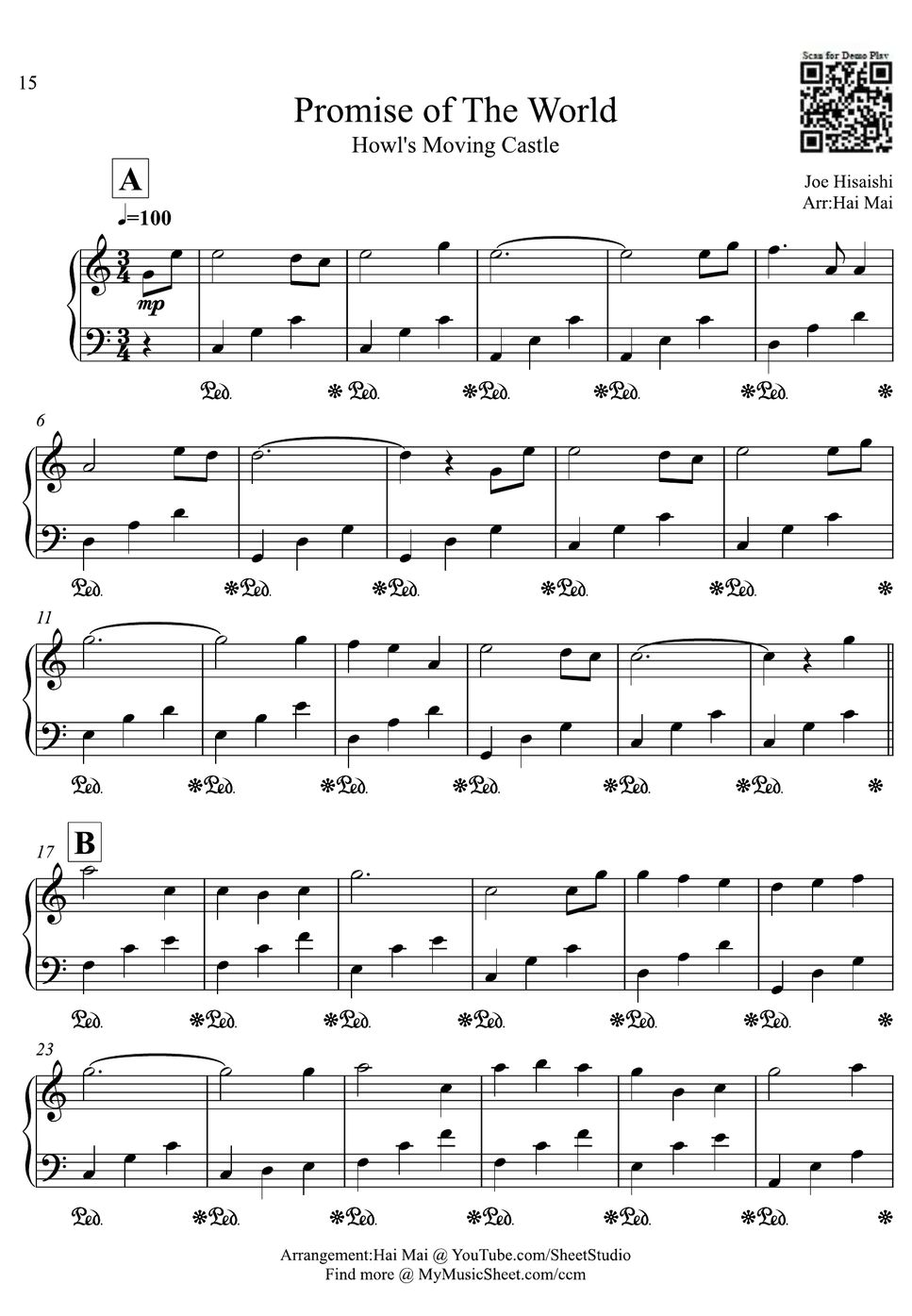 Howl's Moving Castle Promise of The World for Easy Piano Sheet by Hai Mai
